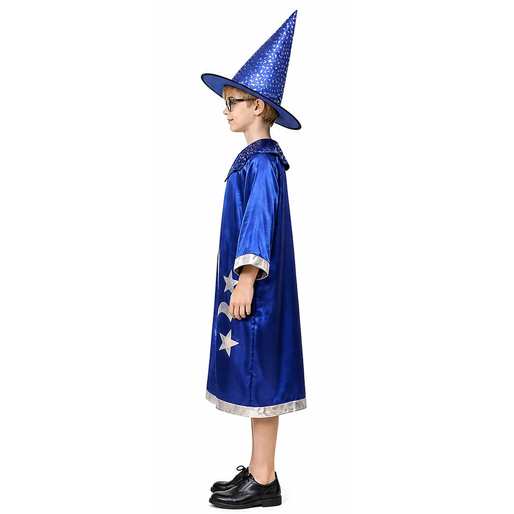 Halloween Blue Cloak for Boy and Girl Witch Cosplay Witch Cape Height 100-150CM Costume Satin Cloak with Star Moon Pattern