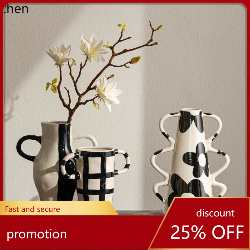 

CZ Hand-painted Black and White Ceramic Vase High-end Artistic Color Painting Hydroponic Flower Arrangement Desktop Decoration
