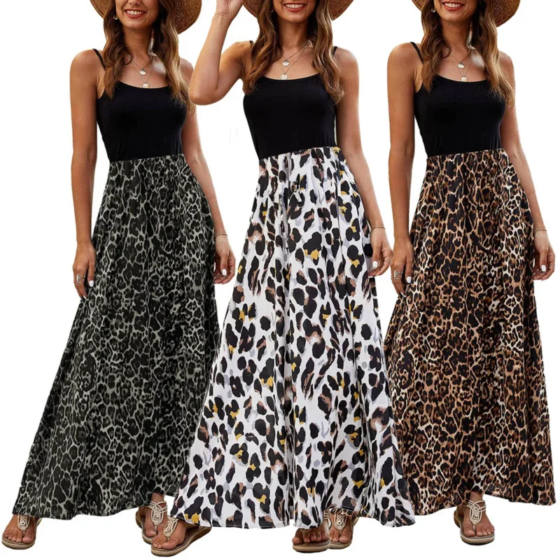 فستان نسائي طويل بطبعة الفهد فستان صيفي للشاطئ مطوي ومرن عالي الخصر فساتين طويلة للنساء كاجوال