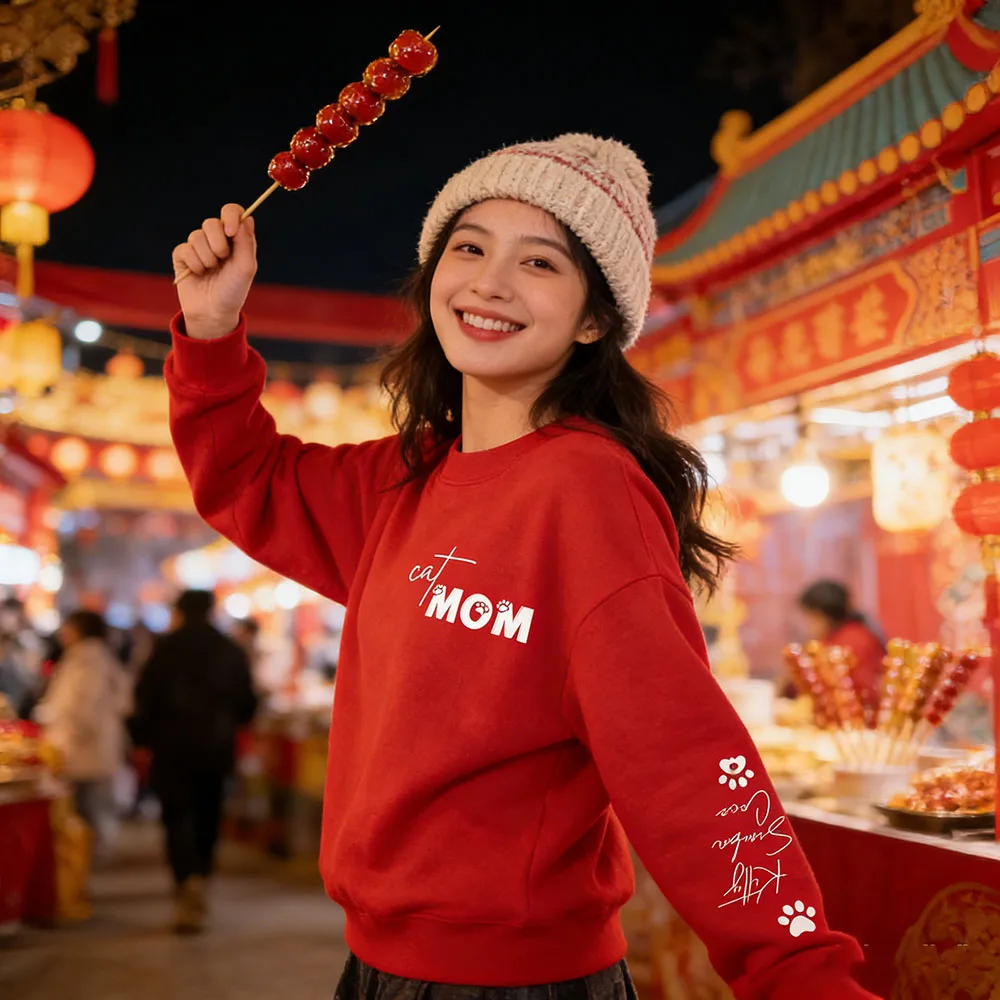 Personalized Cat Mom Sweatshirt Custom Pet Name Text On Sleeve Soft Round Neck Sweater Unique Cat Lover Gift For Mom Fur Mama