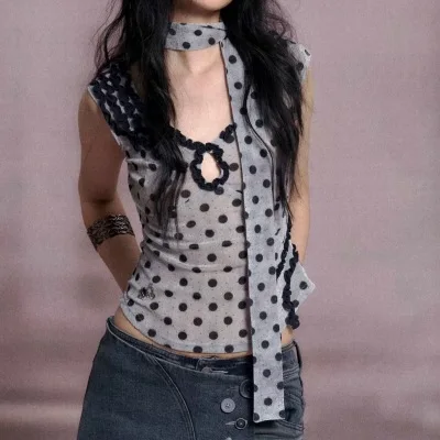 خمر البولكا نقطة الرسن الأعلى المرأة Y2k الجمالية سليم صالح أكمام بروتيل سترة الصيف الخامس الرقبة الحلو قصيرة القمم