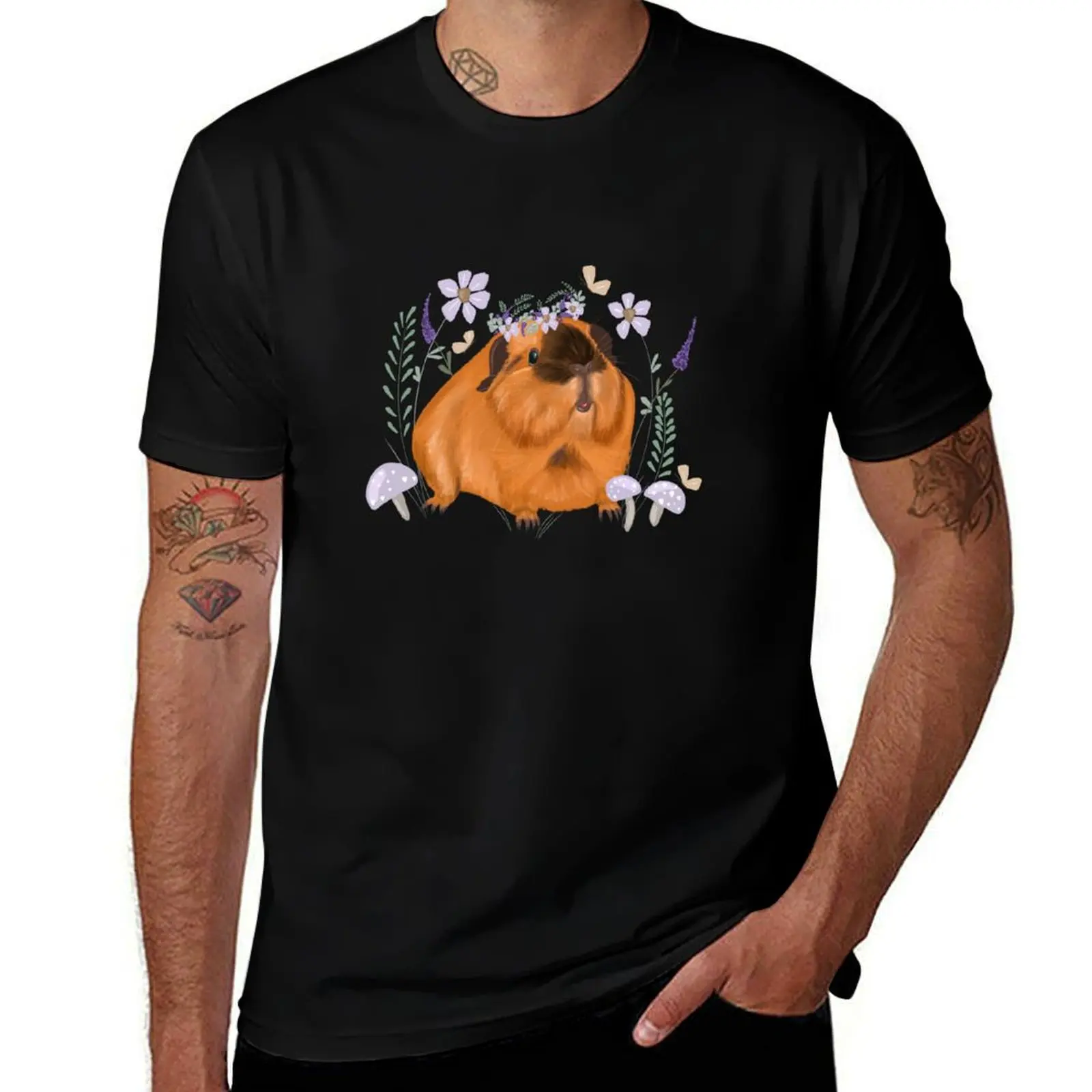 Ginger Guinea Pig with florals T-Shirt Water Resistant Casual T-Shirt