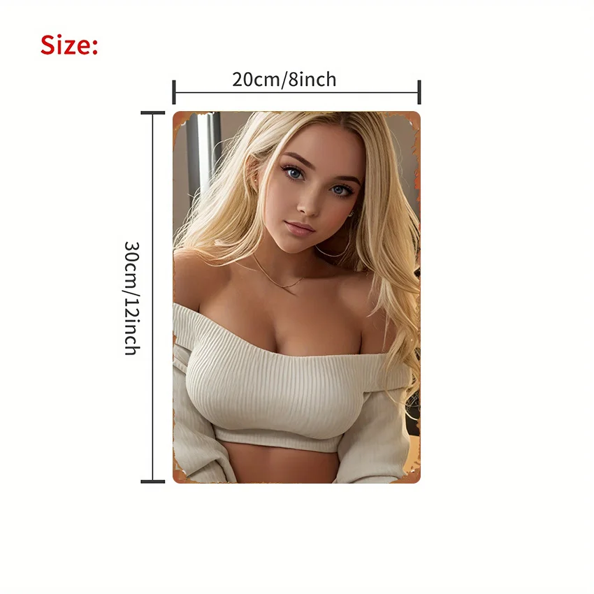 Vintage 2D Flat Blonde Woman in Beige Off-Shoulder Ribbed Crop Top Tin Sign - Retro Indoor Portrait Metal Wall Art Decor for Bed