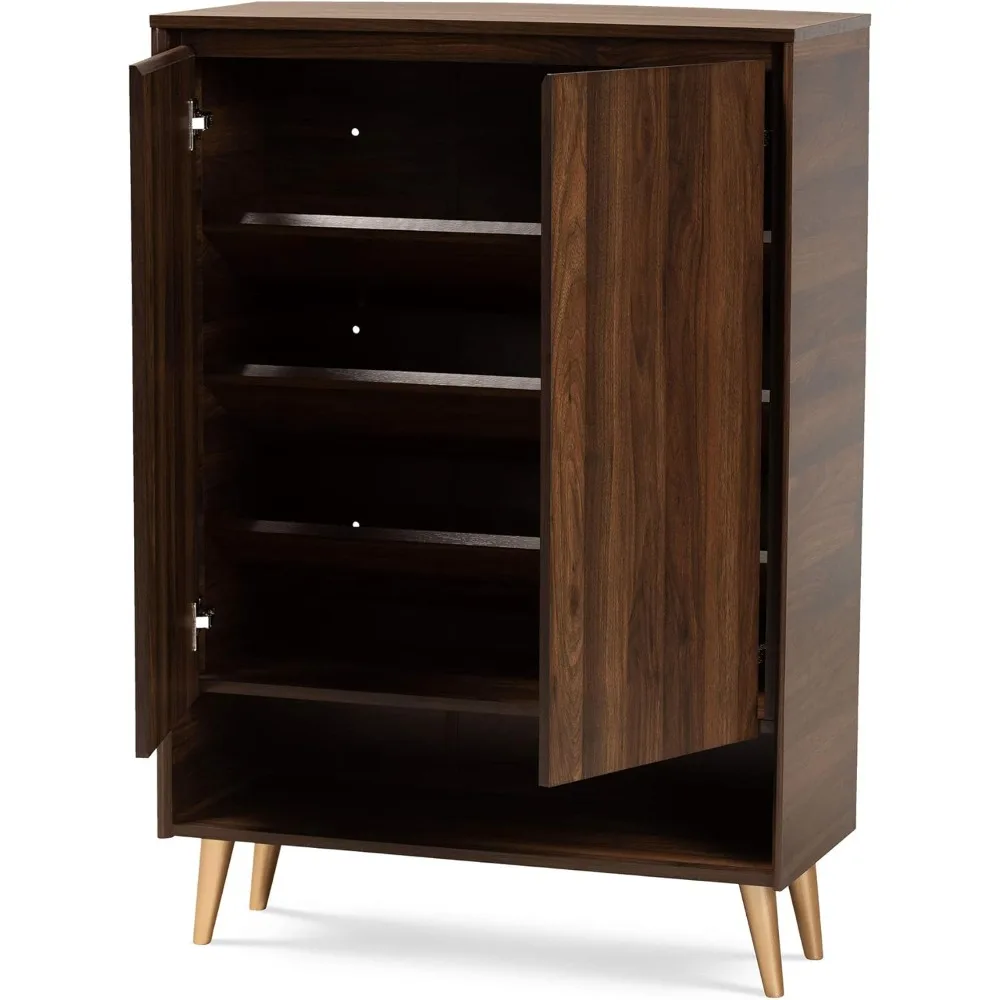 خزانة تخزين الأحذية ببابين من خشب الجوز الحديث والبني والذهبي من منتصف القرن من Baxton Studio للمدخل