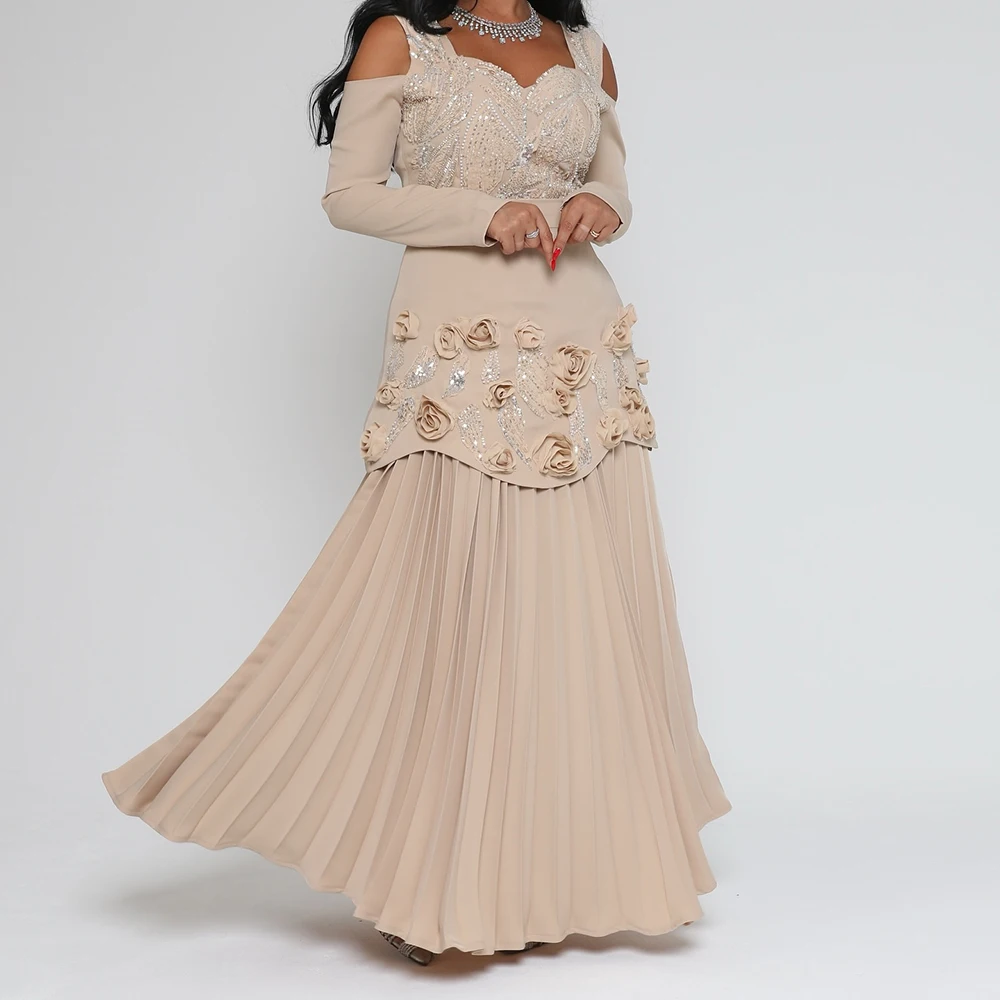 Customized A-line Evening Dresses Ankle-length V-neck Full Sleeve Prom Gown Fashion Flowers Sequined Simple Draped Party Gown 2