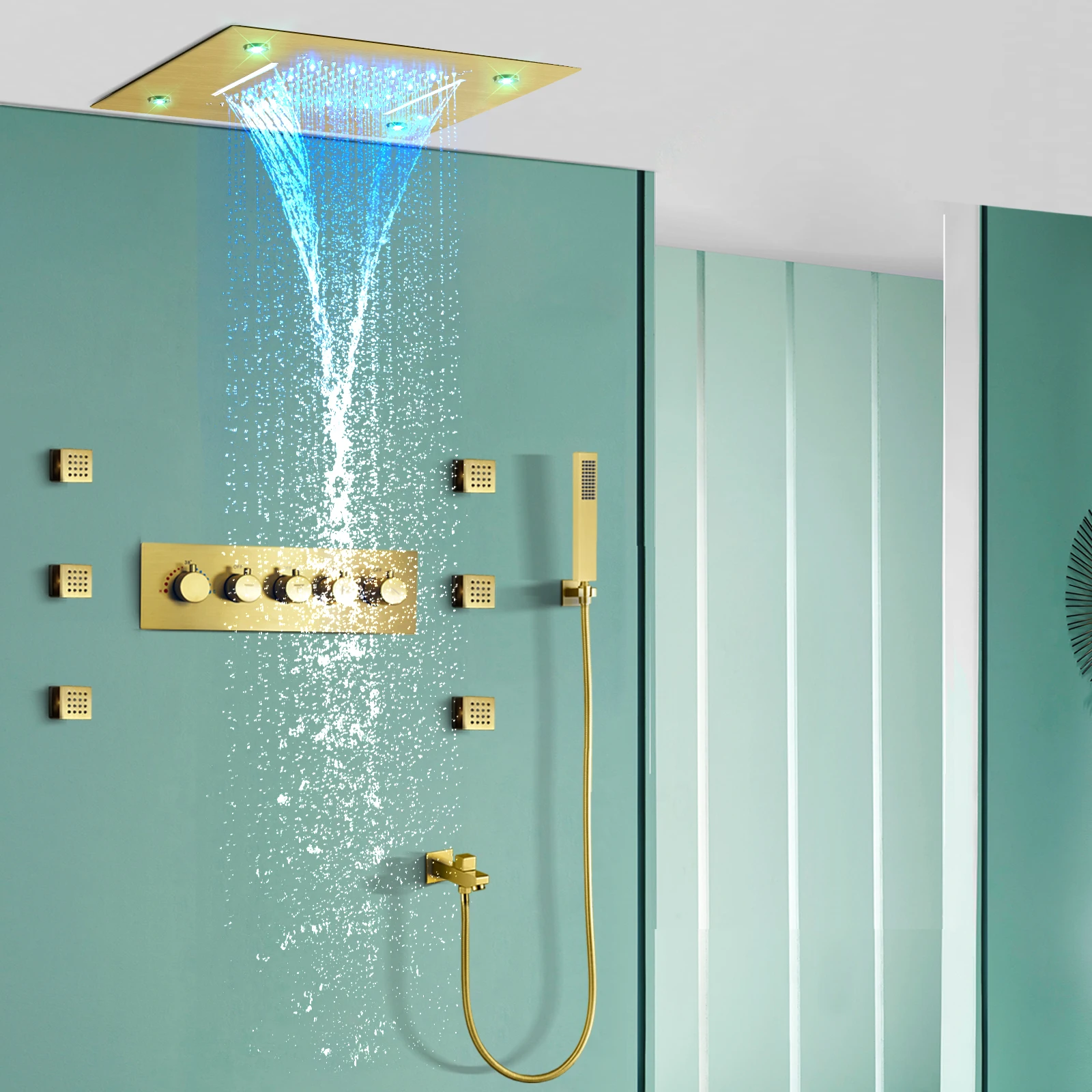 20*14inch Brushed Gold Bathroom Waterfall LED Shower Head Five-Function Wall Mounted Thermostatic Shower Set