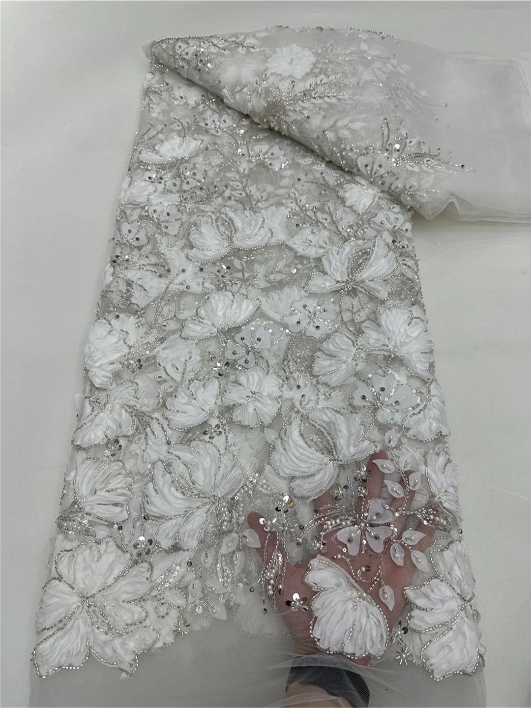 French Sequins Beaded Fabric For Sewing Wedding Party Lace Dresses Patchwork Material Tulle Fabric 5 Yards - RF