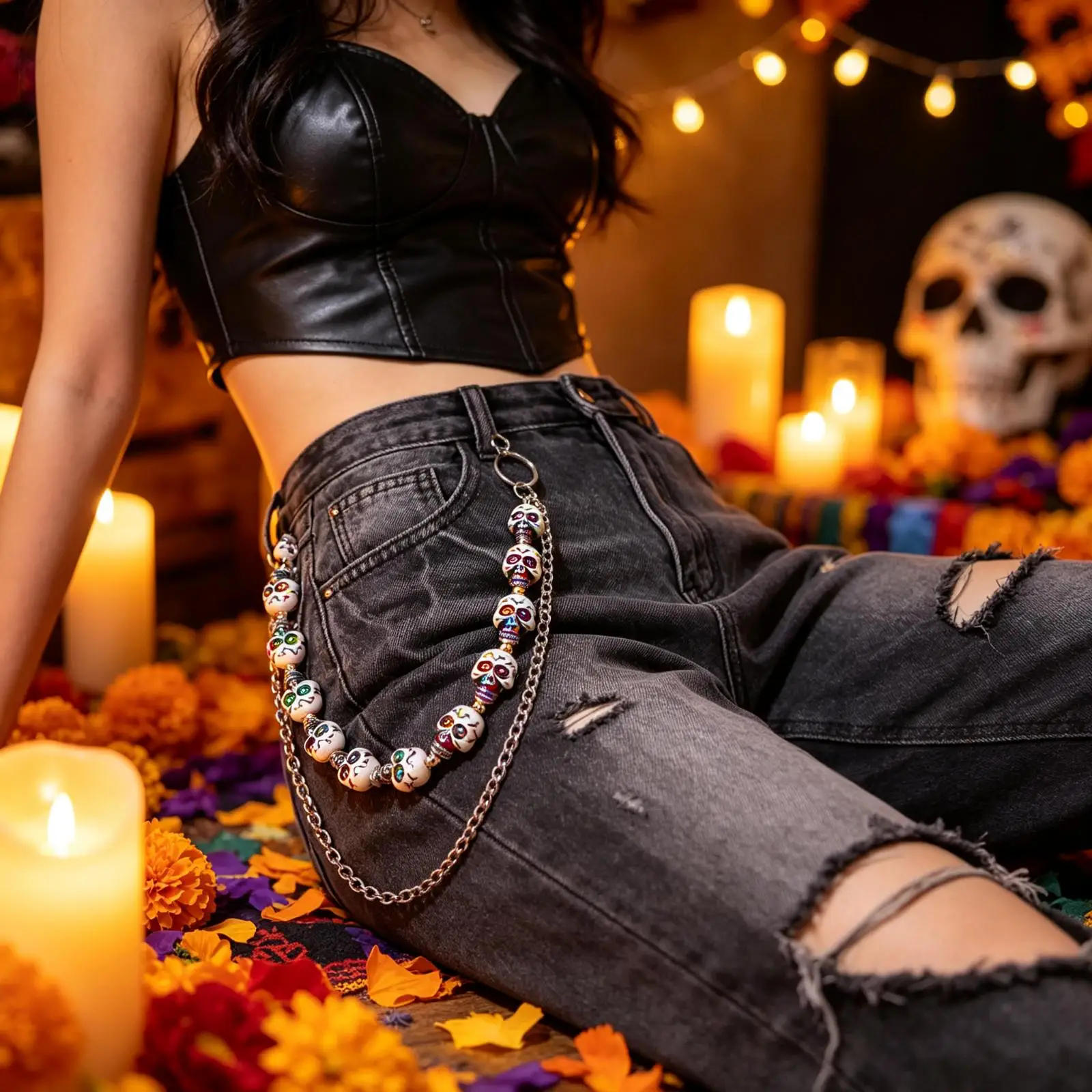 Sugar Skull Pants Chain–Multi-Layer Silver Alloy Hip Hop Punk Waist Chain for Jeans, Day of the Dead Halloween Costume Accessory