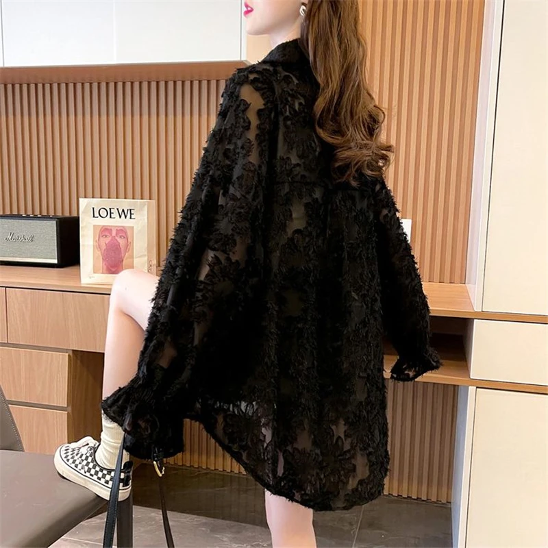 Women\'s Sexy Sheer Lace Irregular Oversized Button Up Shirt Korean Fashion Long Sleeve Streetwear Blouse Solid Tunic Tops Blusas