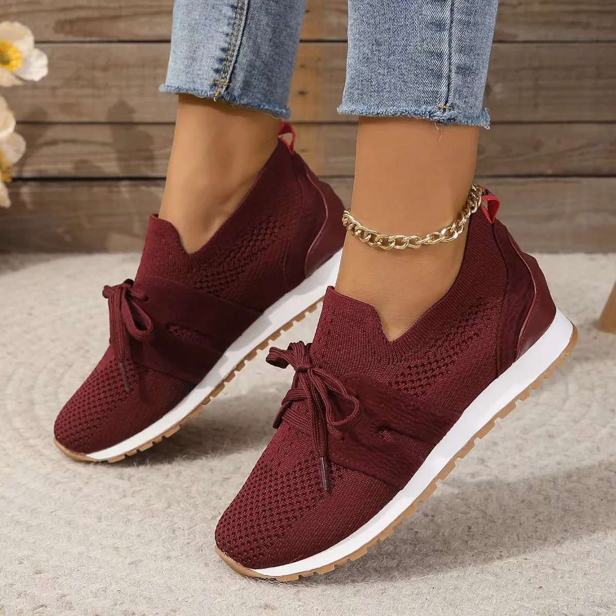 2024  Brown Knit Breathable Sneakers Shoes Women 2024 New Soft Sole Platform Flats Woman Plus Size 43 Non Slip Casual Shoes