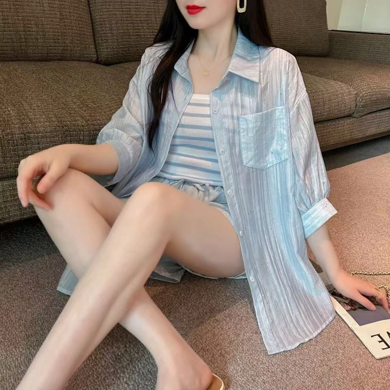 

Fashionable 2026 Women Loose Casual Short Sleeve Shirt Top Striped Strappy Shorts Two Piece Set Sun Protection