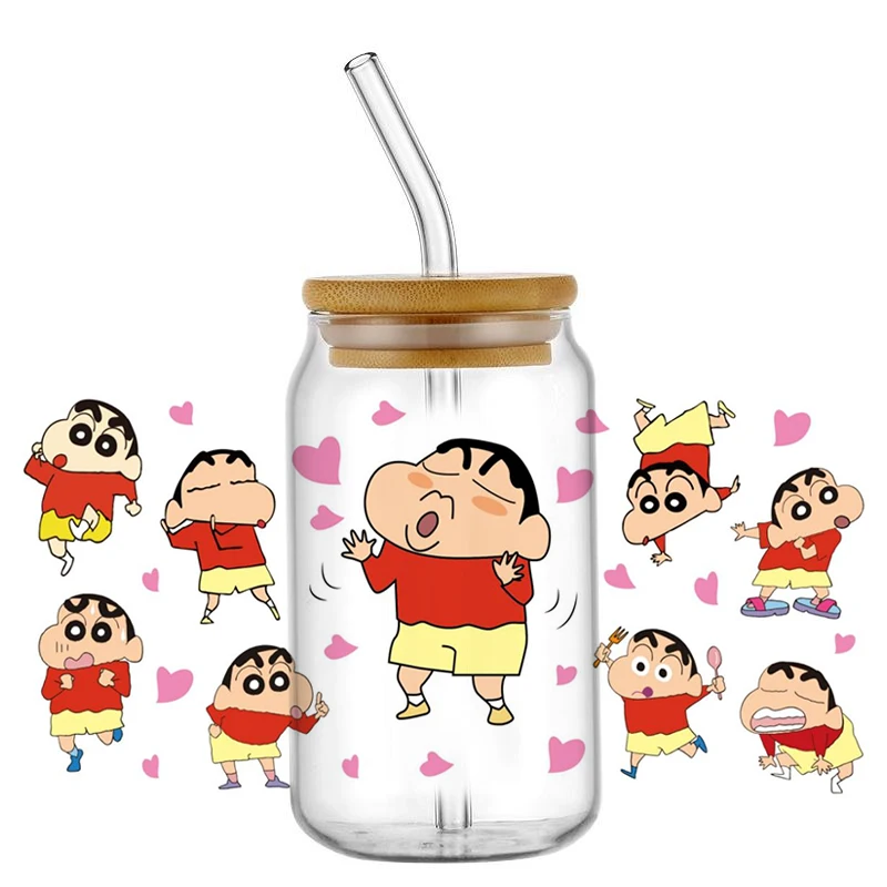 

MINISO 3D Crayon Shin-chan Decal 16oz Libbey UV DTF Cup Wrap DIY Japanese Cartoon Decal Mug Waterproof Transfer Sticker