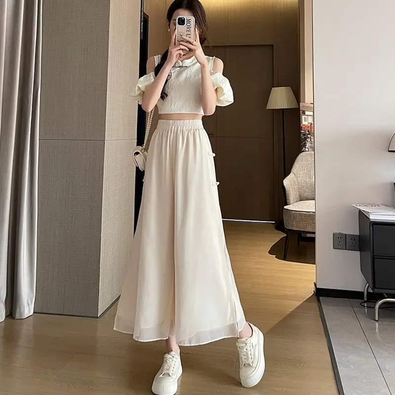Estilo chinês chiffon calças de perna larga para o verão feminino 2025 novo solto tornozelo comprimento casual saia fina calças cintura alta baggy