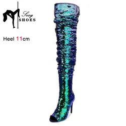 Fashion Wrinkle Women Long Boots Blue Sequined High Heels 11CM Nightclub Queen Peep Toe Shoes Shiny Over The Knee Boots Female