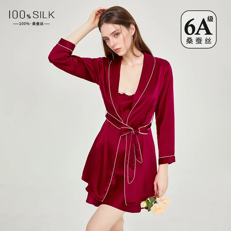 19mm Silk Robe and Nightgown 100% Mulberry Satin Bridal Robe Wedding Morning Gown Red Lingerie Set Gift for Women