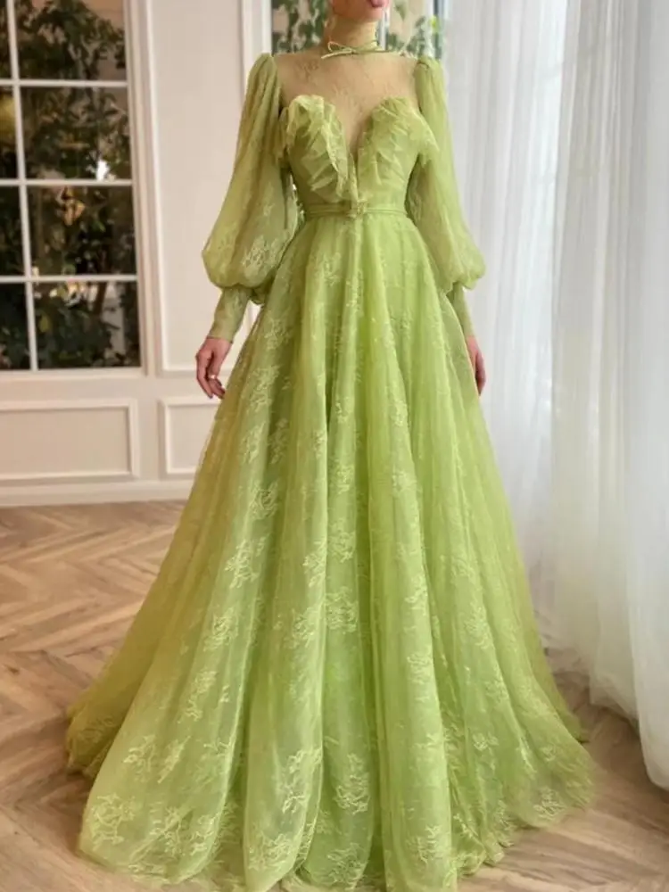 AN16  Customized Grass Green Formal Occasion Dress Long Sleeve High Neck A Line Women Evening Wedding Party Homecoming Prom Gown