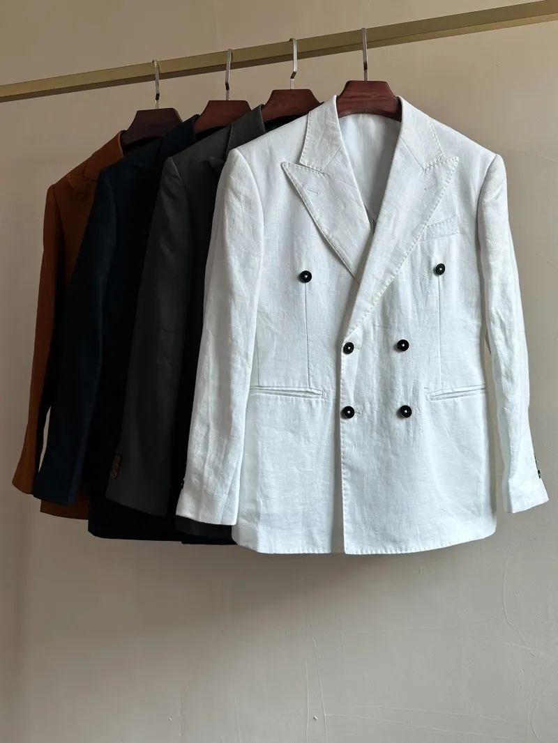 

Mr. Deer Three Slim Fit Linen Lightweight Half Linen Double Breasted Men's Suit Breathable Versatile Shawl Collar Western Jacket