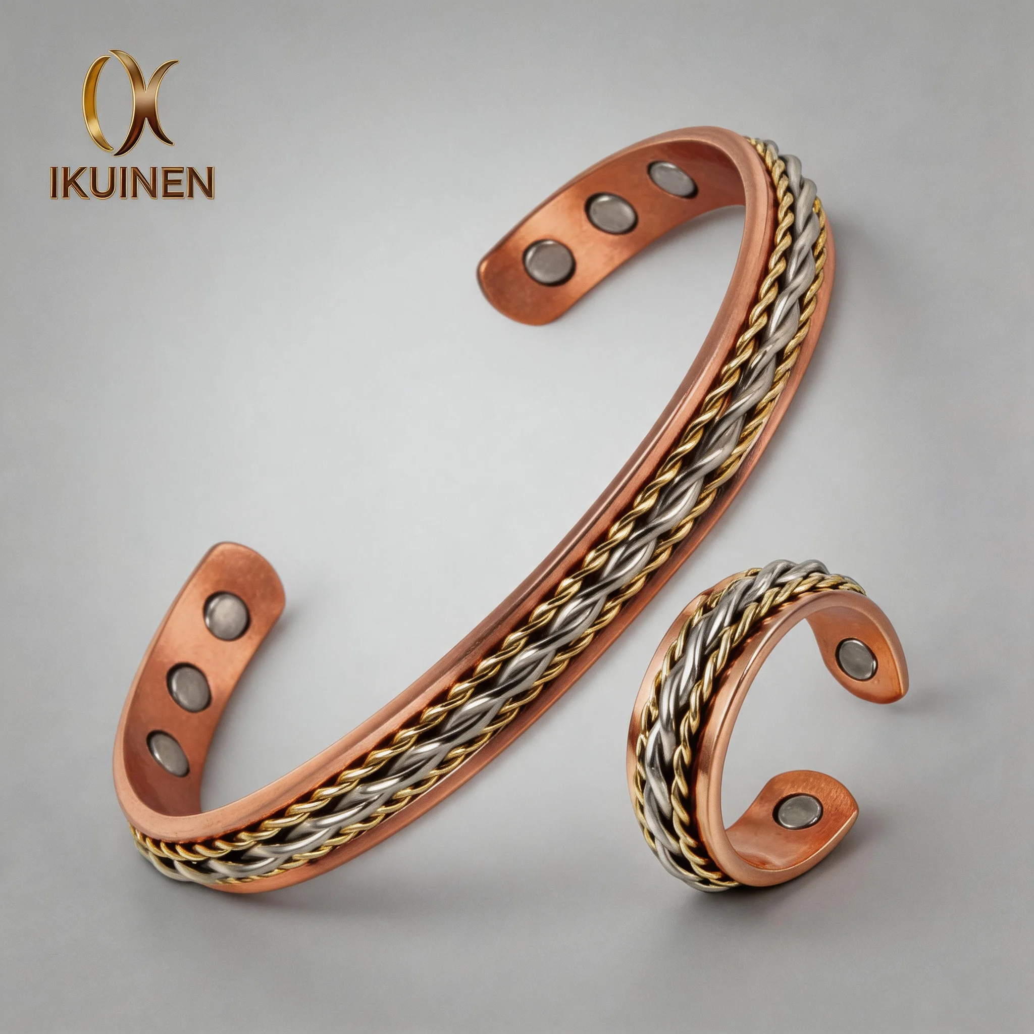 Ikuinen Twisted Magnetic Pure Copper Jewelry-Set Adjustable Bracelet Ring Magnet Resizable Health Jewelry