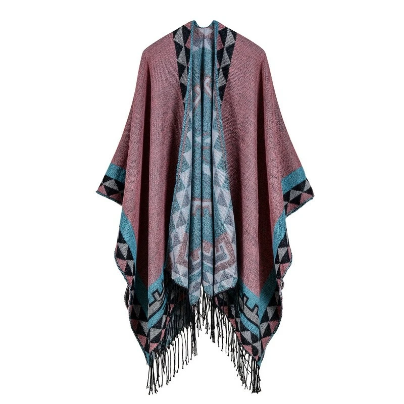 Women Geometric Color Block Tassel Shawl Cape Autumn Winter Open Front Poncho Warm Oversized Wrap Coat