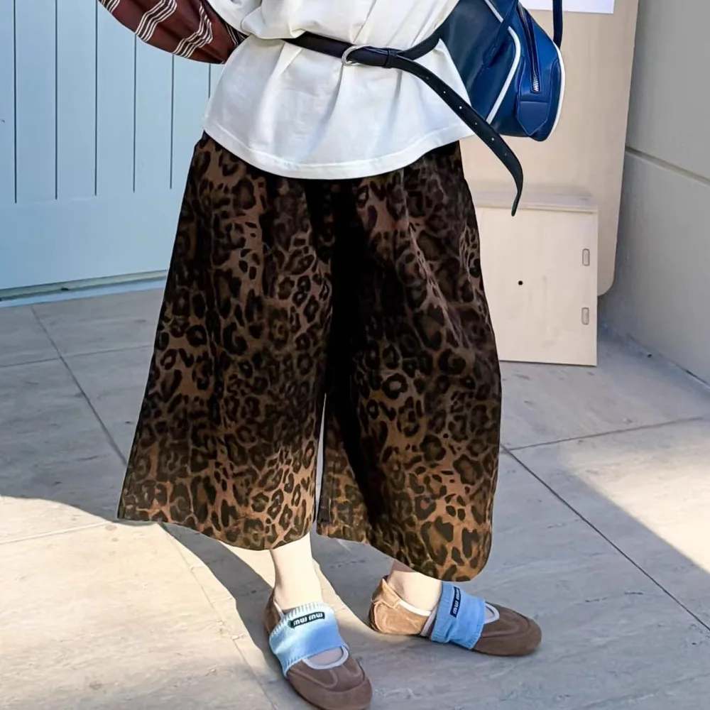 

Children Clothing Girls Leopard Print Loose and Versatile Straight Leg Pants 2026 Spring New American Style Retro Casual Pants