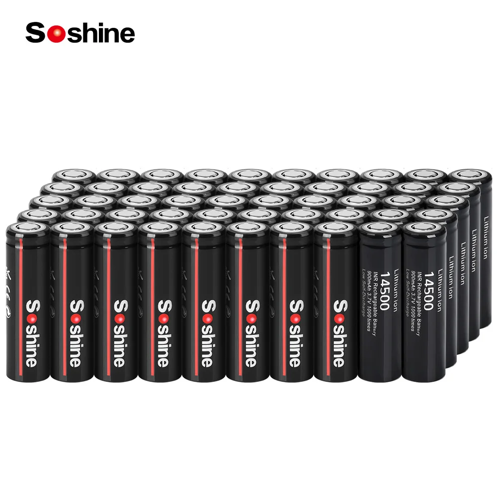 Soshine 50pcs 14500 AA Li-ion Flat Battery Lithium Battery 3.7V 900mAh Rechargeable Battery for LED Flashlight Calculator Toy