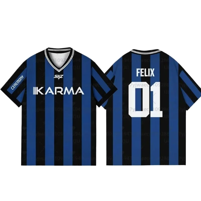 

SKZOO Unisex Blue Black Striped Jersey Short Sleeve T-shirt Fan Cheer Supporter Peripheral Casual Top Necessities