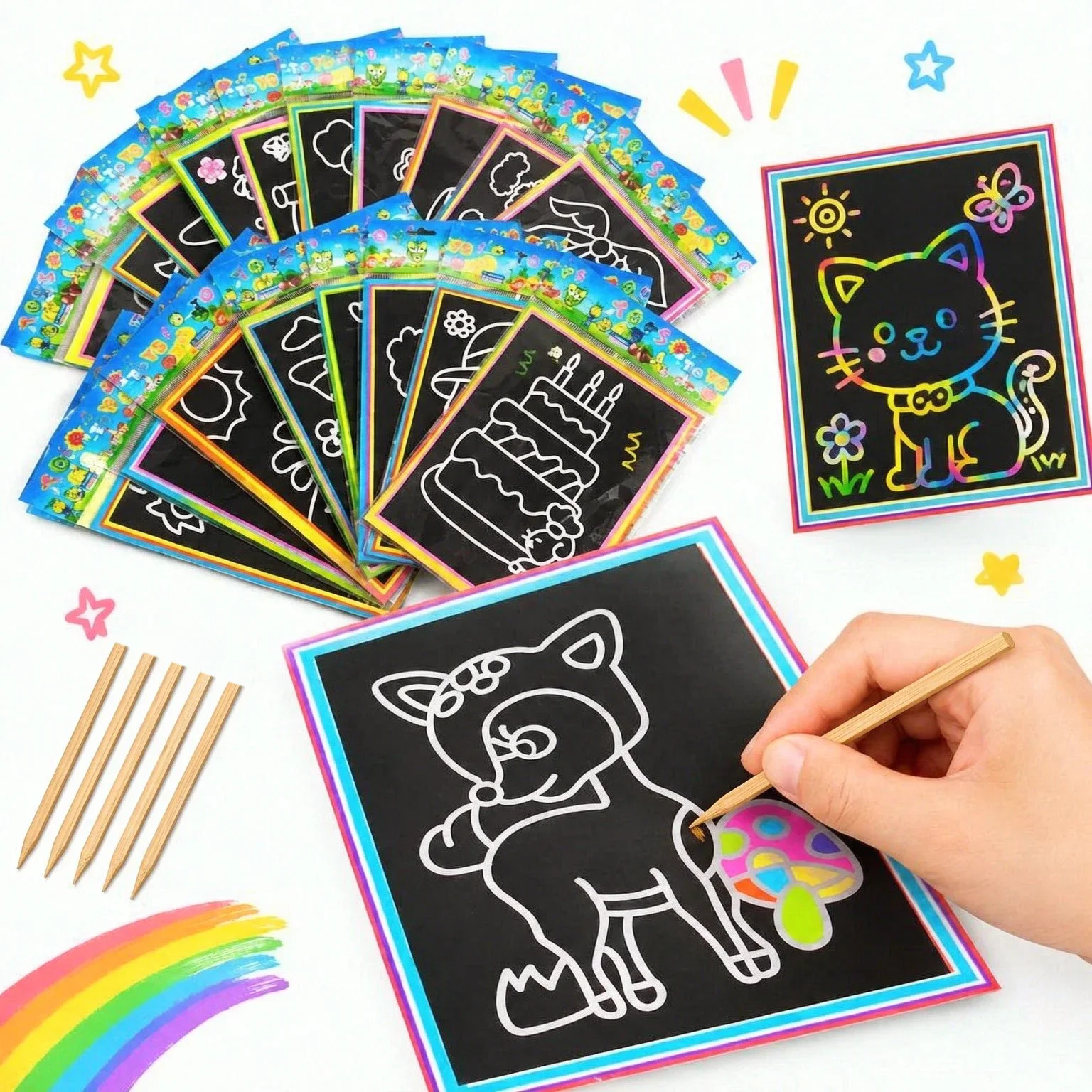 5/20pcs Mini Rainbow Scratch Art Paper Sheets with Stylus, Small Black DIY Scratchboard Craft Kit for Goodie Bag Stuffers, TMZ