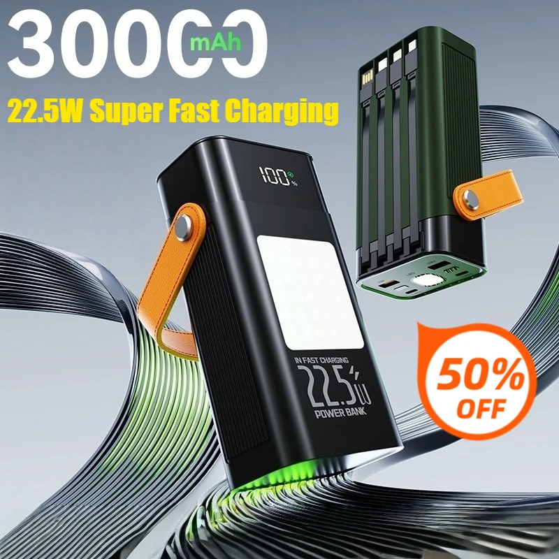 

22.5W 30000mAh New Digital Display Power Bank Large Capacity Super Fast Charging Portable Charger with Four Built-in Cables