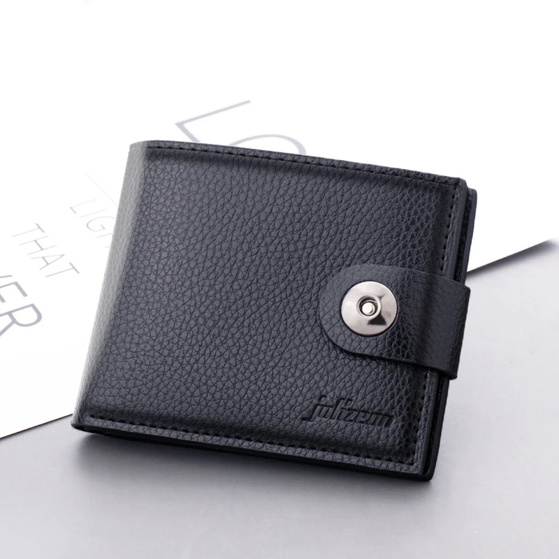 New Men's PU Leather Wallet Simple Versatile Pure Color Short Card Bag With Magnetic Buckle Bank ID Card Zipper Wallet