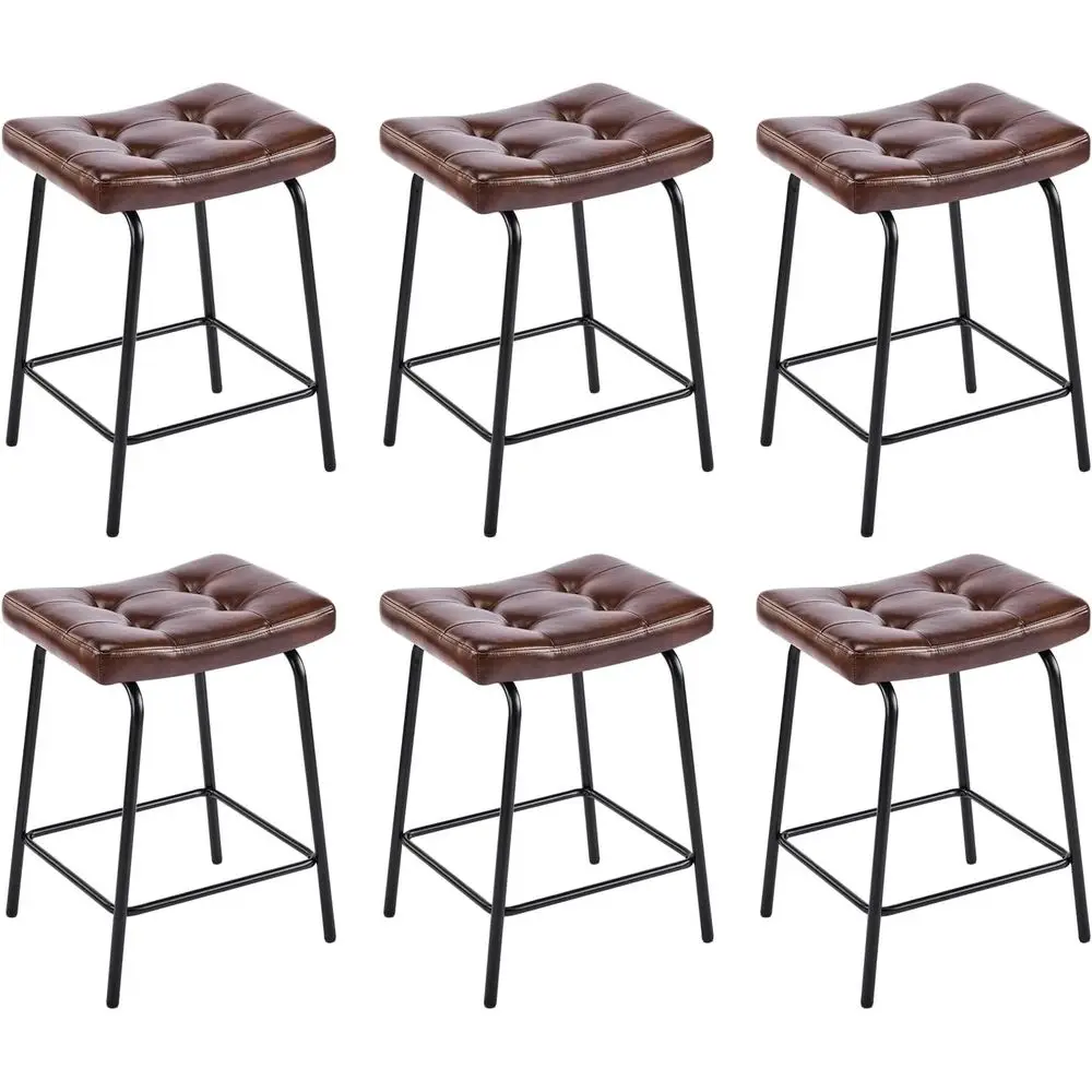 

Set of 6, 25 Saddle Counter Stools with Industrial Style and Breathable Faux Leather for Kitchen and Home Bar