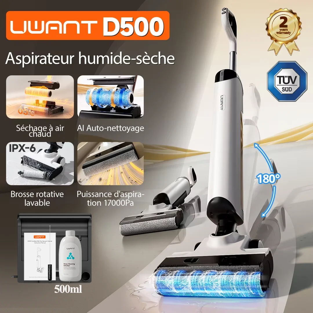 Aspirateur sec et humide UWANT D500, aspiration 17000Pa 180 ° Vadrouille plate sans fil AI autonettoyante 65 ° C Séchage du bord triple face