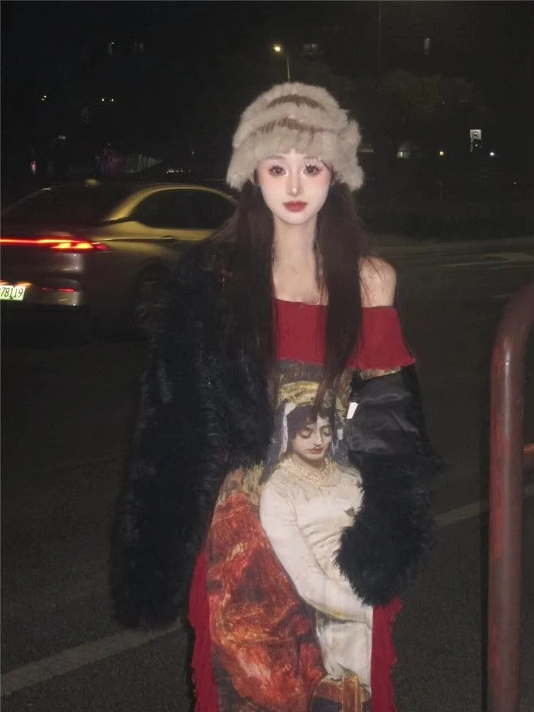 فستان أنيق عتيق مطبوع باللون الأحمر للنساء فساتين صيفية كبيرة الحجم بقصة ضيقة جديدة بدون أكتاف وأكمام طويلة من Vestidos Mujer