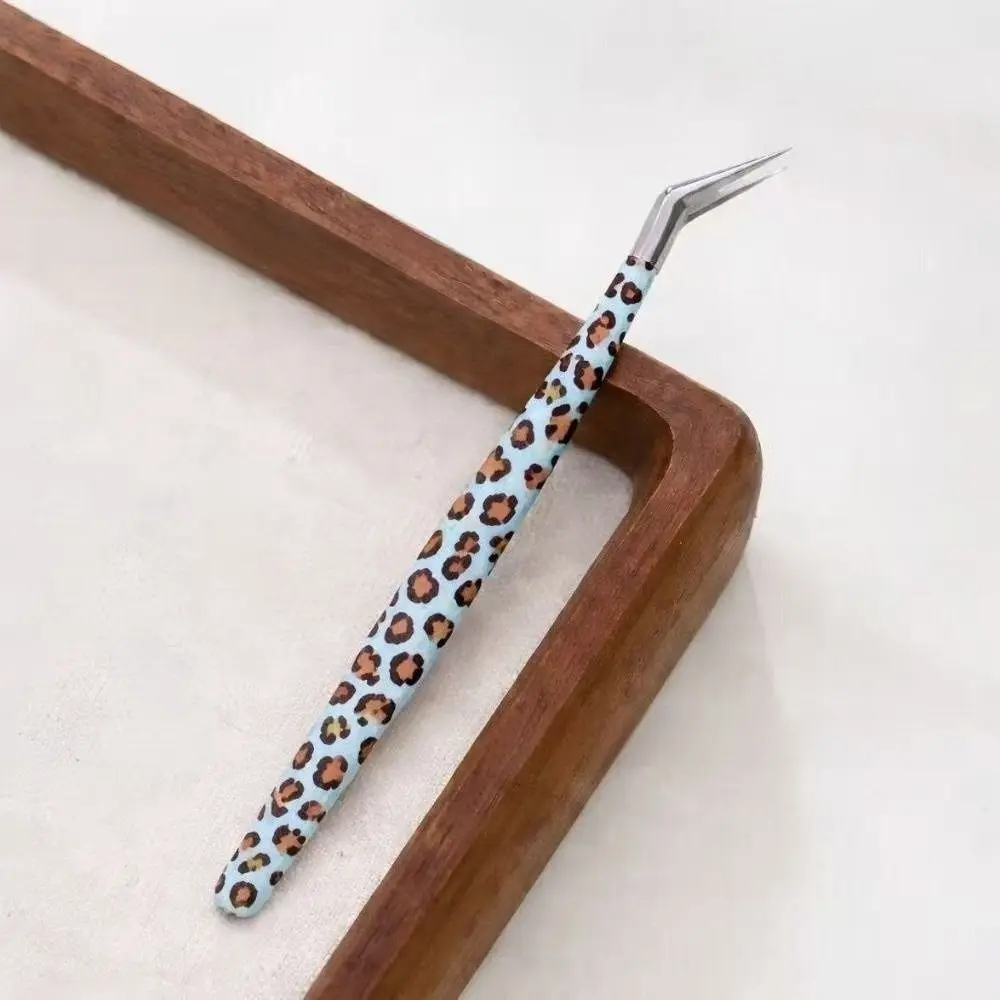 Stainless Steel Curved Stickers Tweezers Anti-static High Precision Lashes Extension Tweezer Leopard Print