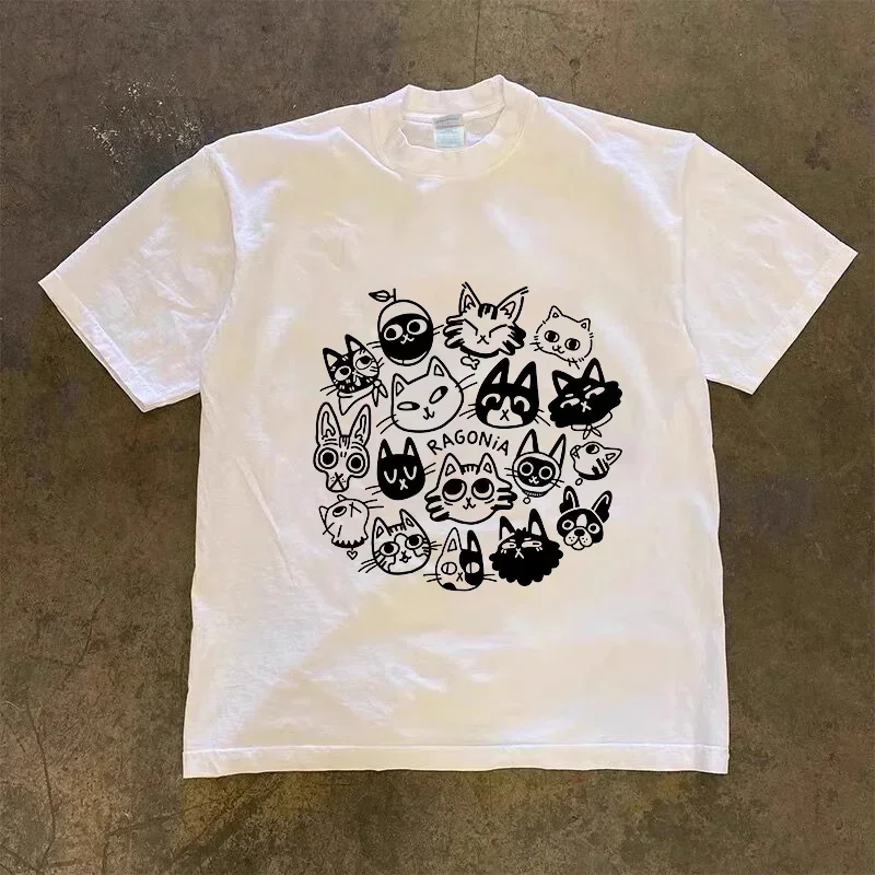 2026 Harajuku ريترو لطيف القط تي شيرت مطبوع جديد الهيب هوب Kawaii حجم كبير تي شيرت الرجال والنساء قصيرة الأكمام