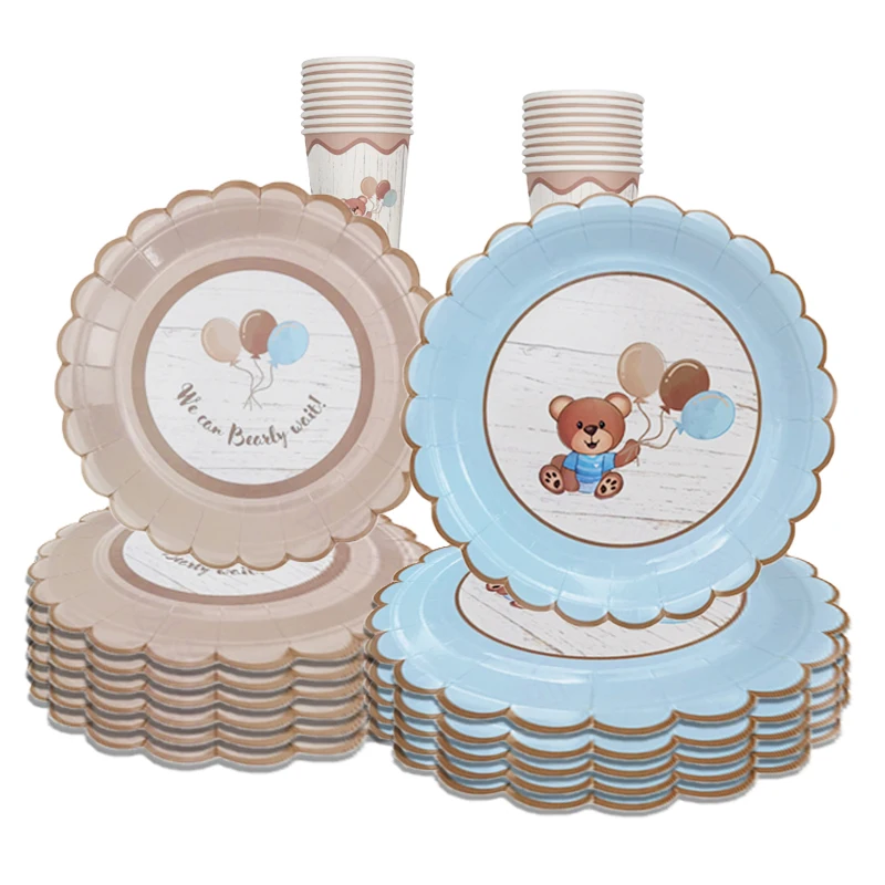 Cute Teddy Bear Baby Shower Disposable Tableware Sets Brown Blue Napkin Plate Cup Kids Baby Boy Girl Happy Birthday Party Suppli