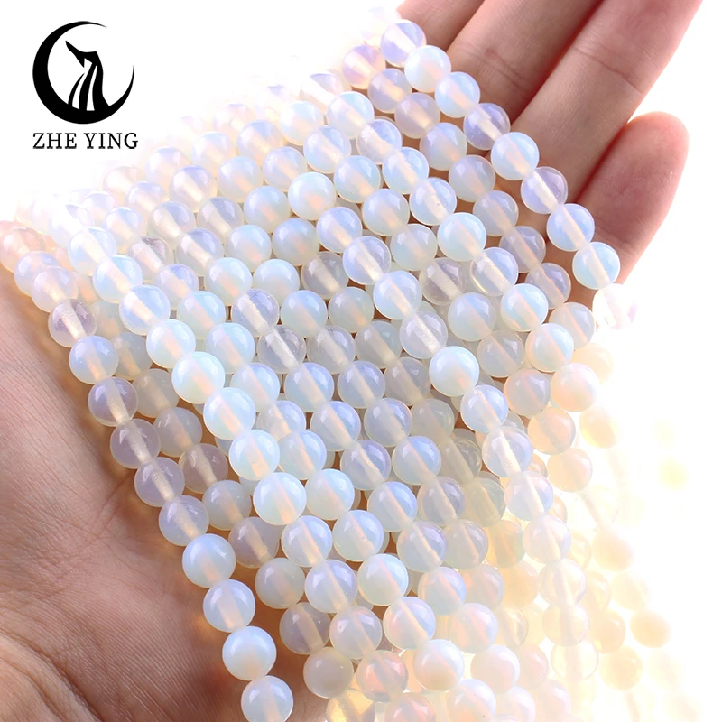 Zhe Ying Cheap White Opal Stone Beads Round Smooth Jasper Chalcedony Beads for Bracelet DIY Jewelry Making Accessories