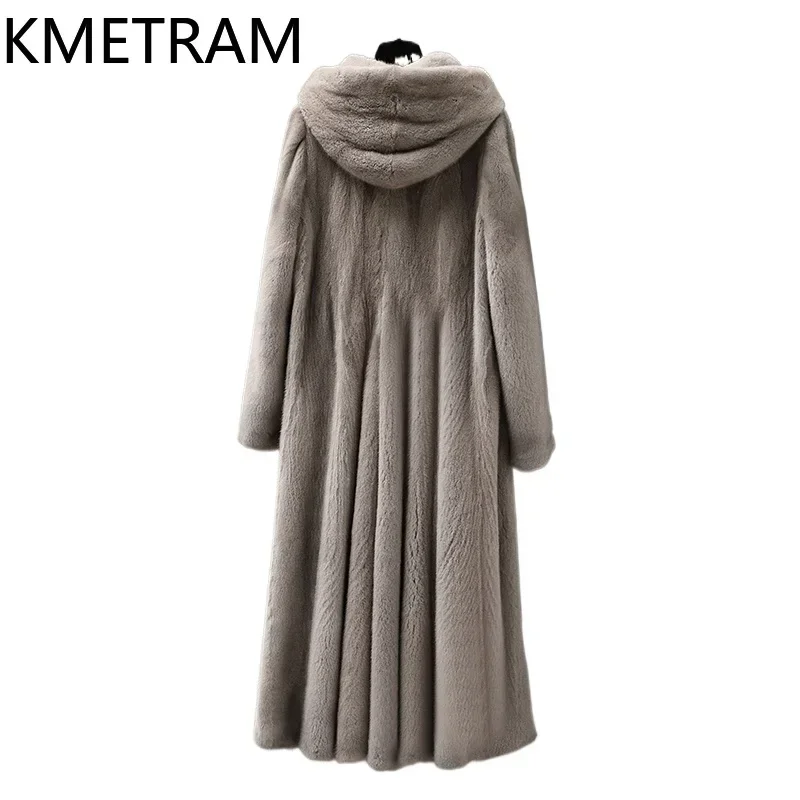 Real Mink Fur Coat Women High Quality Long Grey Fur Jacket with Hood New Arrivals Outerwears Winter Luxury Clothes шуба 2024