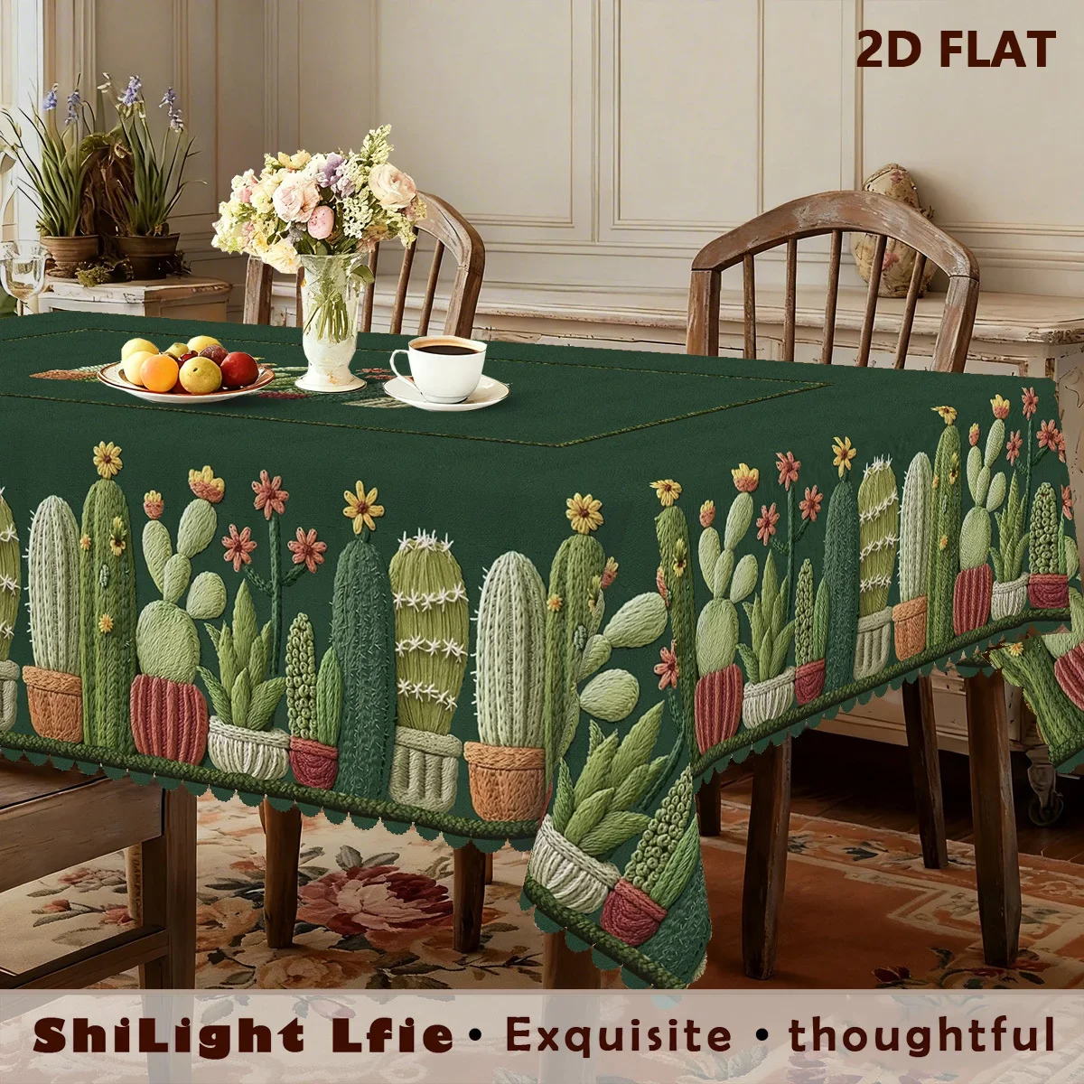 One piece, green background with colorful cactus flower print tablecloth, exquisite two-dimensional flat cactus designxzj