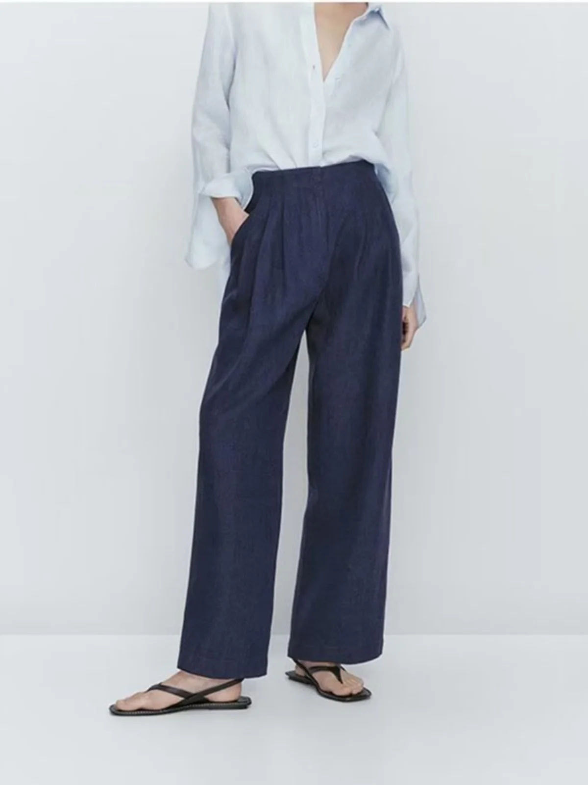 

Женские льняные брюки с высокой талией, тонкие, дышащие, комфортные, повседневные, синие, плиссированные, прямого кроя, для офиса