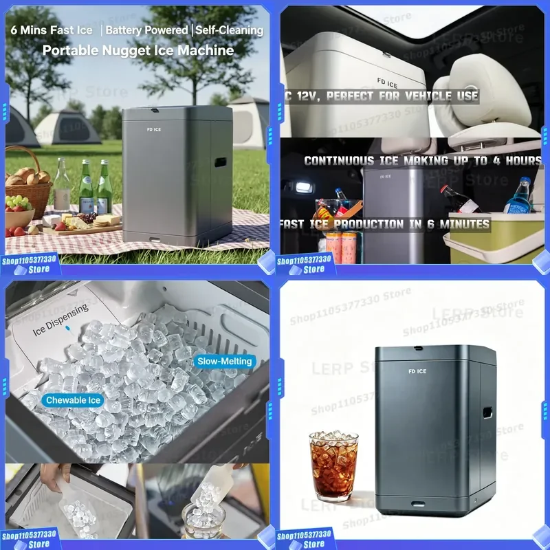 High Quality Outdoor Use Portable DC Ice Maker 6 Mins Extruded Crushed Lce Chewable Nugget Ice Machine Desktop