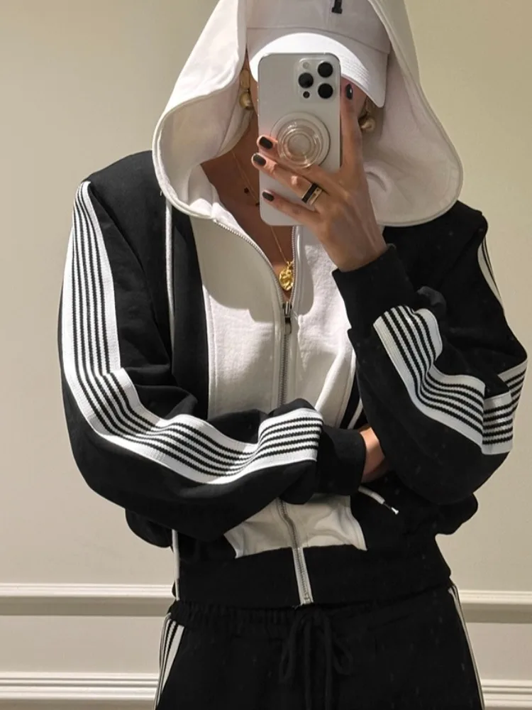 Faionable couleur Blo rayé Long Sve sweat à capuche Jaet femmes taille haute décontractée pantalons longs ensemble automne nouveauté rue...