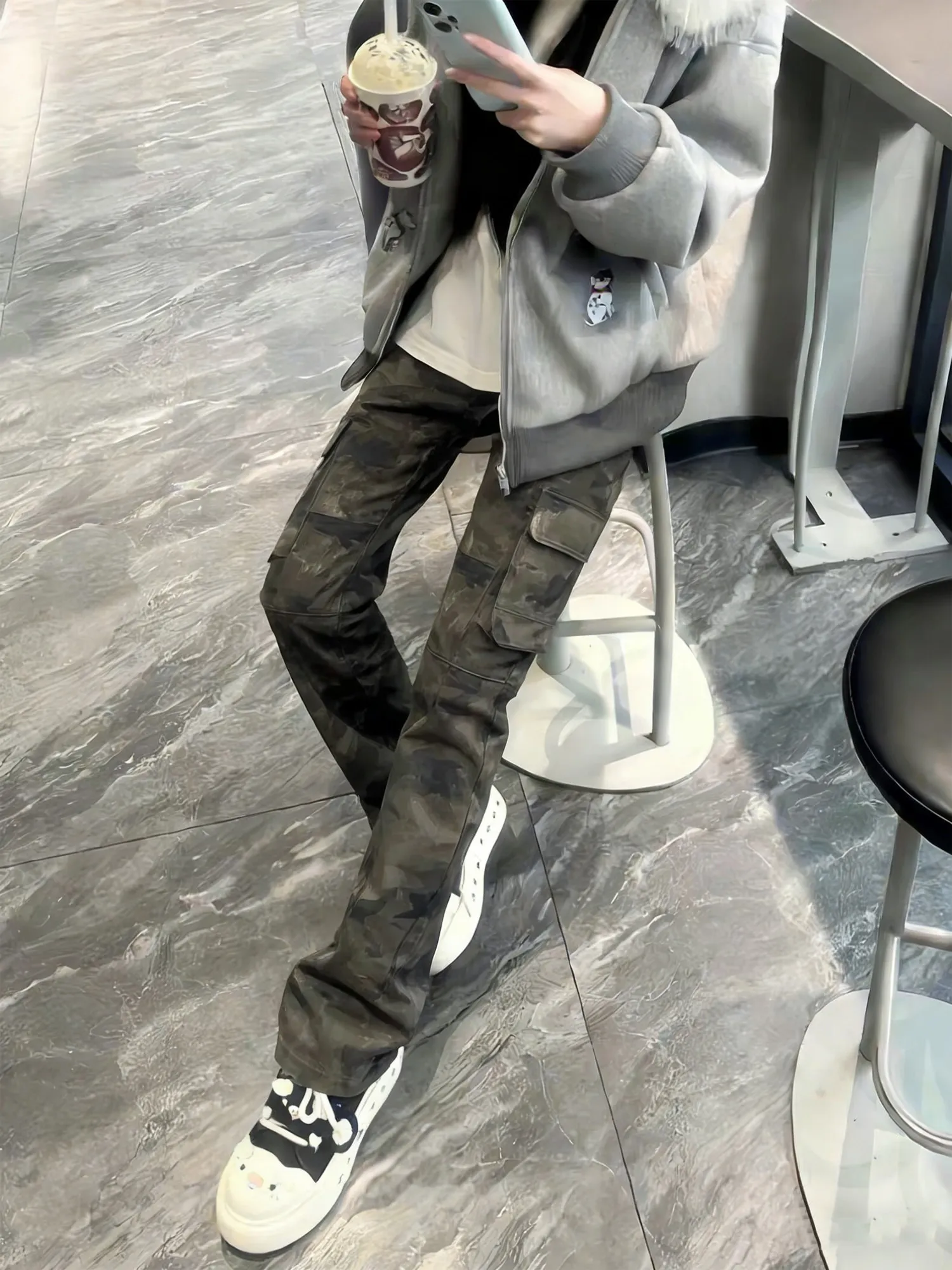 

Американские рабочие джинсы-карго камуфляжные мужские осенне-зимние стильные флисовые прямые брюки с высокой талией, зауженные, расклешенные