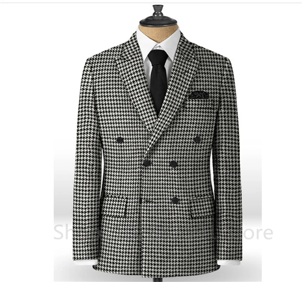 Plaid Men Suits for Wedding/Business Slim Fit 2 Piece Houndstooth Checkered Groom Tuxedos Male Fashion Clothes Jacket with Pants