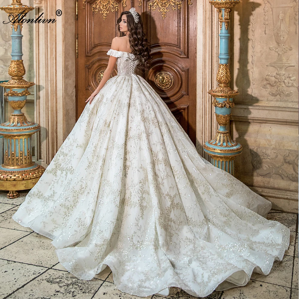 

Alonlivn Gorgeous Full Beading Embroidery Lace A-Line Wedding Dresses Luxury Off The Shoulder Bridal Skirts