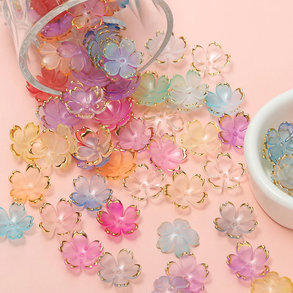 50pcs Cherry Blossoms Acrylic Beads Golden Brushed Patter Petals Charm Connector DIY Earrings Hair Jewelry Making Acessories