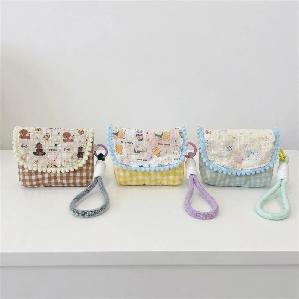 Polyester Cartoon Printed Coin Purse Zipper Hand Strap Card Holder Lightweight Plaid Pattern CCD Camera Storage Pouch Cosmetics