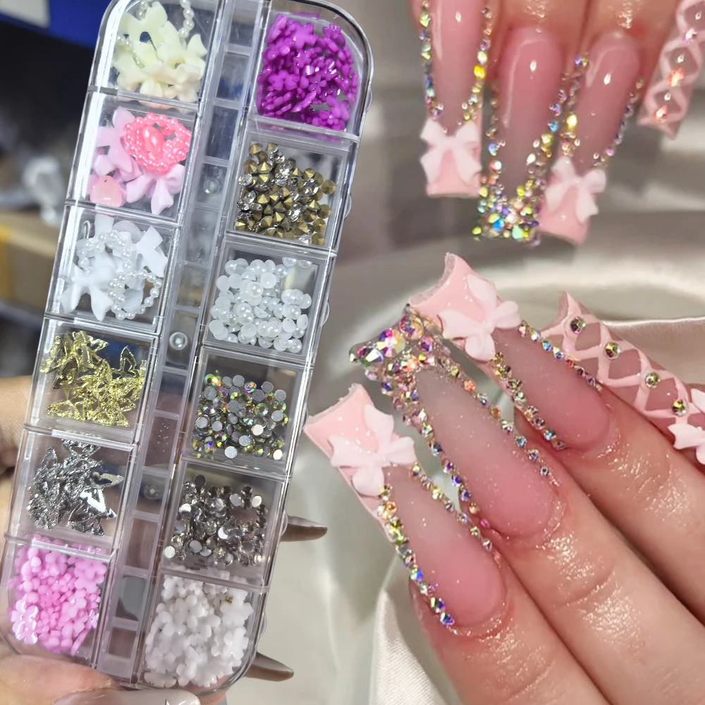 12 Gitter – 500 Stück gemischtes Nail-Art-Strass-Set, Legierungsschmetterling + rosa Schleifen + Blumen + AB-Strasssteine + Perlen mit flacher Rückseite #   Nagelzubehör