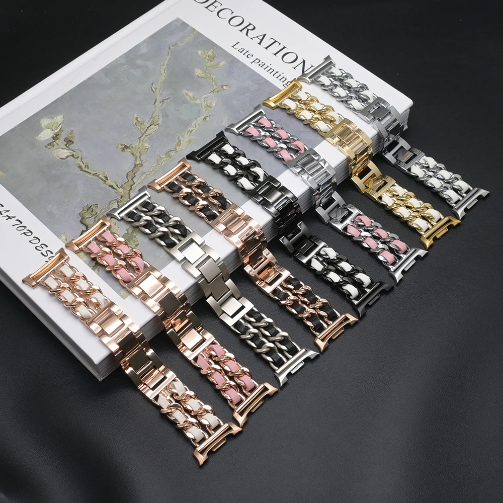 삼성 갤럭시 워치8 44mm 40mm 여성용 스테인리스 스틸 가죽 밴드, 갤럭시 워치8 40 44mm 패션 스타일 메탈 스트랩