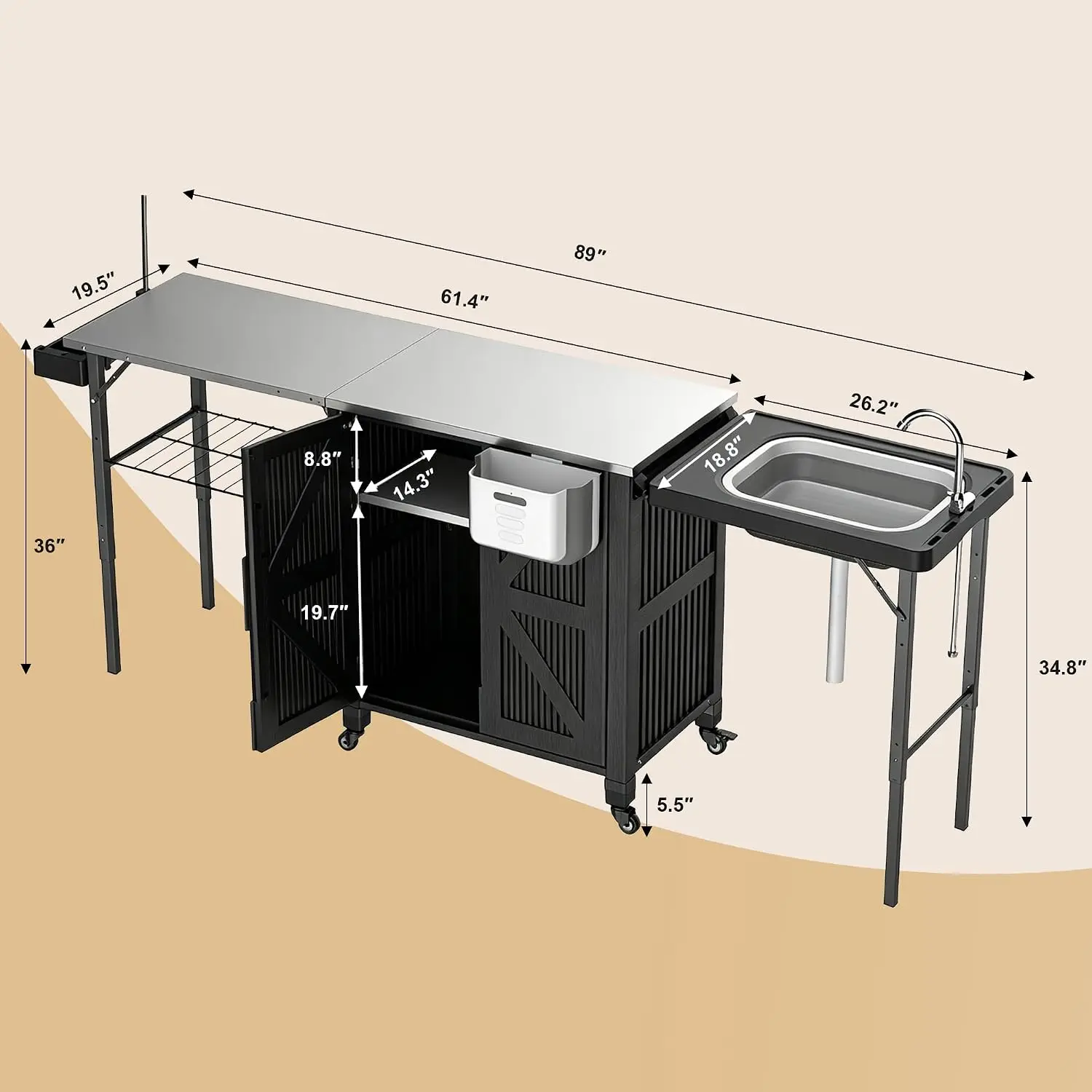 Outdoor Grill Cart with Storage Cabinet, 3-in-1 Movable Kitchen Island Cart, Outdoor Grill Cooking Station with Stainless Steel
