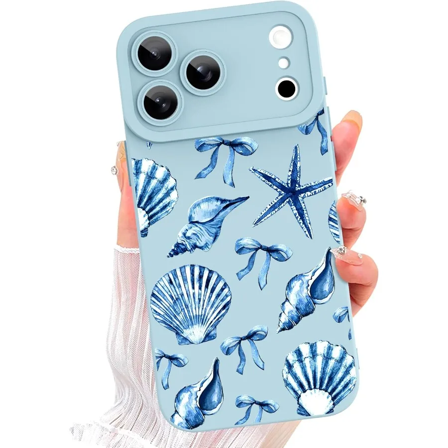 

Designed for iPhone 17 Pro Max Case Blue Seashell Bow Pattern with Camera Protection Soft TPU Silicone Rubber Protective